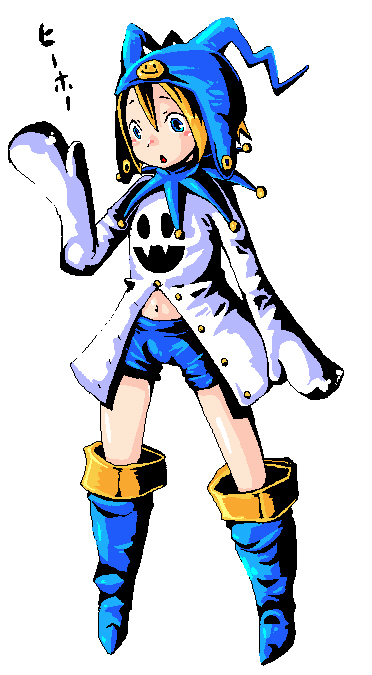 bike_shorts, blonde_hair, blue_eyes, hat, jack_frost, shin_megami_tensei, suparu_(detteiu), suparu_(pixiv1285501)