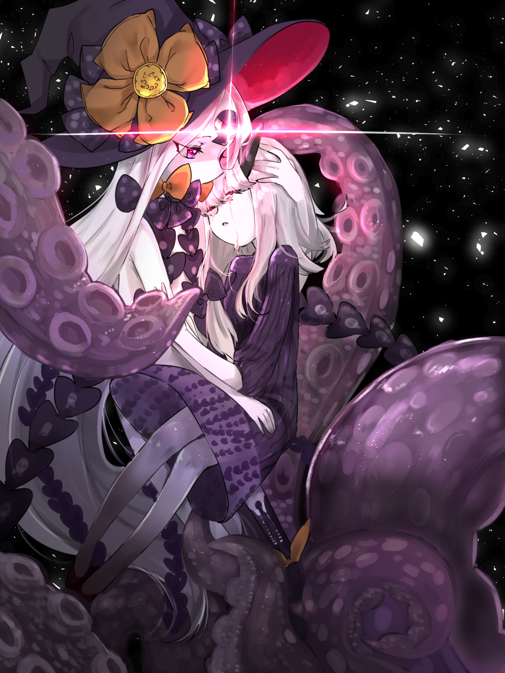 2girls, abigail_williams_(fate/grand_order), bangs, black_bow, black_dress, black_hat, black_legwear, bow, closed_eyes, closed_mouth, commentary_request, crying, dress, fate/grand_order, fate_(series), glowing, hand_on_another's_head, hat, hetchhog_tw, highres, horn, kneehighs, lavinia_whateley_(fate/grand_order), long_hair, multiple_girls, orange_bow, pale_skin, parted_bangs, polka_dot, polka_dot_bow, profile, red_footwear, revealing_clothes, shoes, suction_cups, tears, tentacle, very_long_hair, white_hair, witch_hat