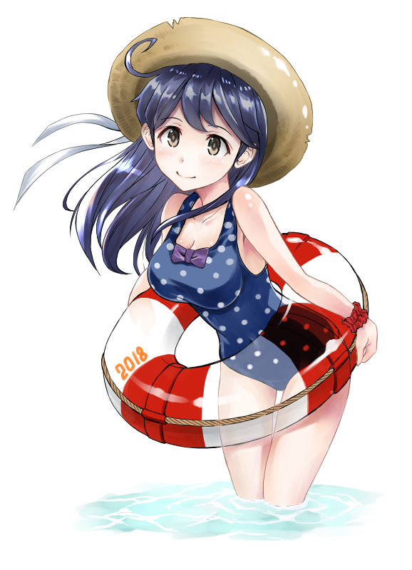 1girl, 2018, ahoge, akito_(pixiv3623507), bare_shoulders, black_hair, blue_swimsuit, blush