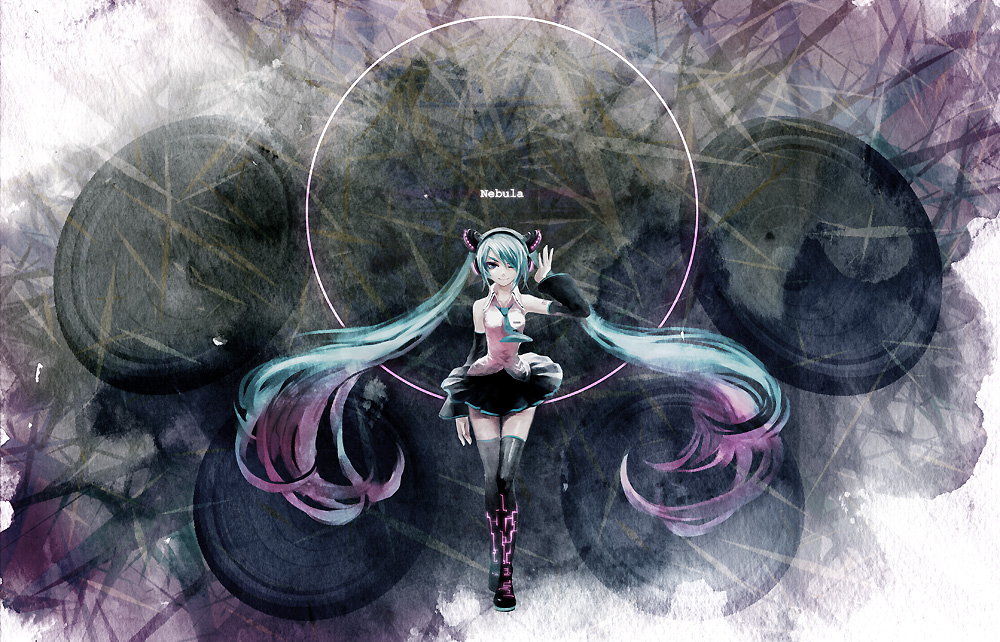 boots, hand_on_headphones, hatsune_miku, headphones, long_hair, mikeneko_ringo, purple_hair, speaker
