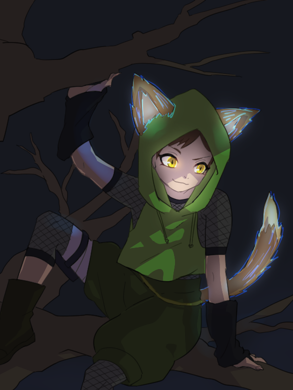 1girl, animal_ears, boruto:_naruto_next_generations, brown_hair, cat_ears, cat_tail, hood, izuno_wasabi, naruto, short_hair, sitting, solo, tail, tree, yellow_eyes