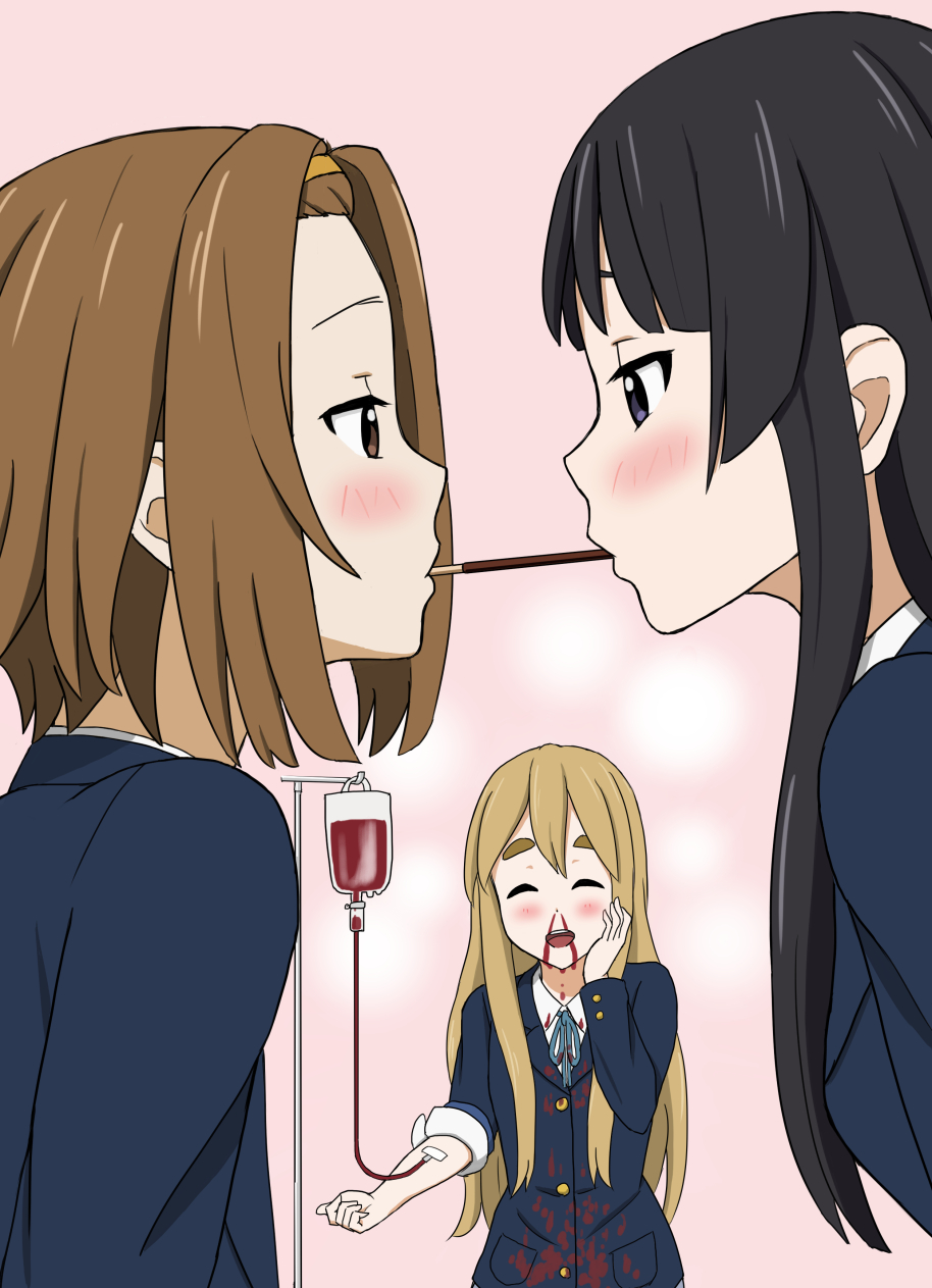 akiyama_mio, black_hair, blonde_hair, blood, blood_on_face, bloody_clothes, blue_ribbon, blush, brown_eyes, brown_hair, buttons, closed_eyes, collared_shirt, eyebrows, food, grey_eyes, headband, highres, intravenous_drip, k-on!, kotobuki_tsumugi, long_hair, navy_blue_shirt, nosebleed, pocky, pocky_kiss, ribbon, school_uniform, shared_food, shirt, sleeves_rolled_up, smile, tainaka_ritsu, thick_eyebrows, tsukkun, tsurime, white_shirt, yuri