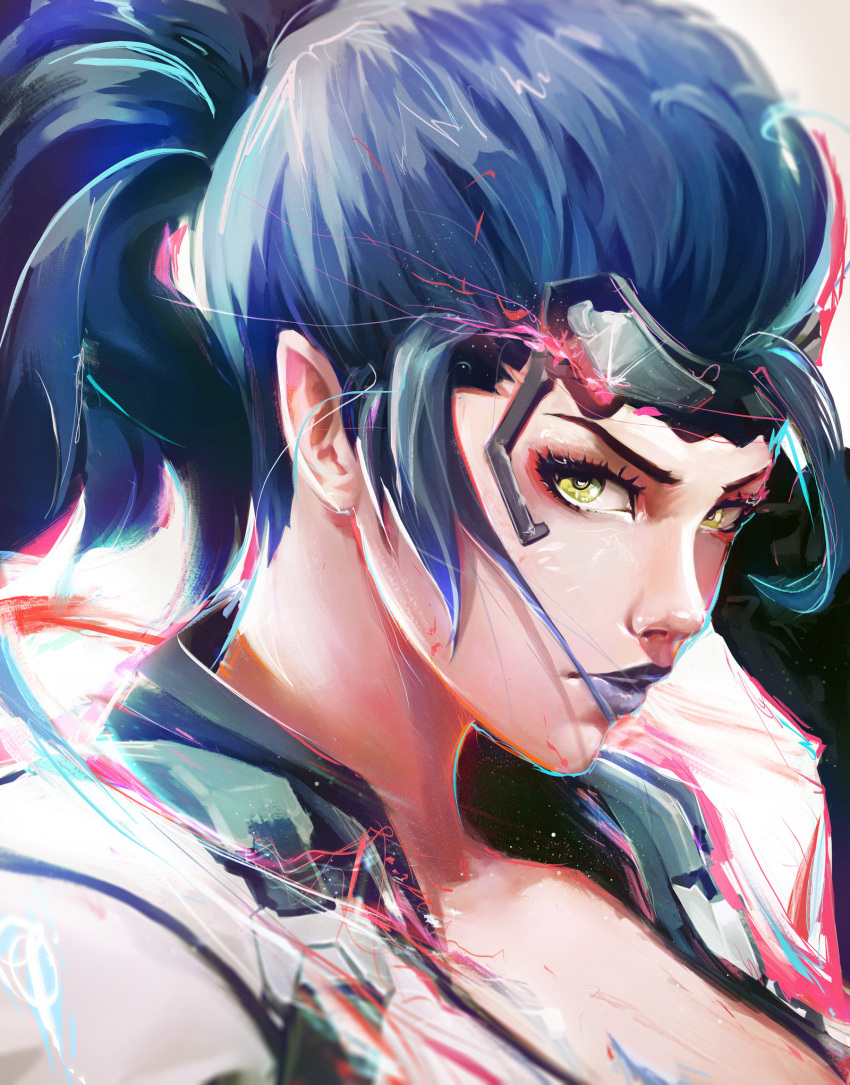 1girl, abstract, alternate_costume, asevc, blue_hair, breasts, cleavage, commentary