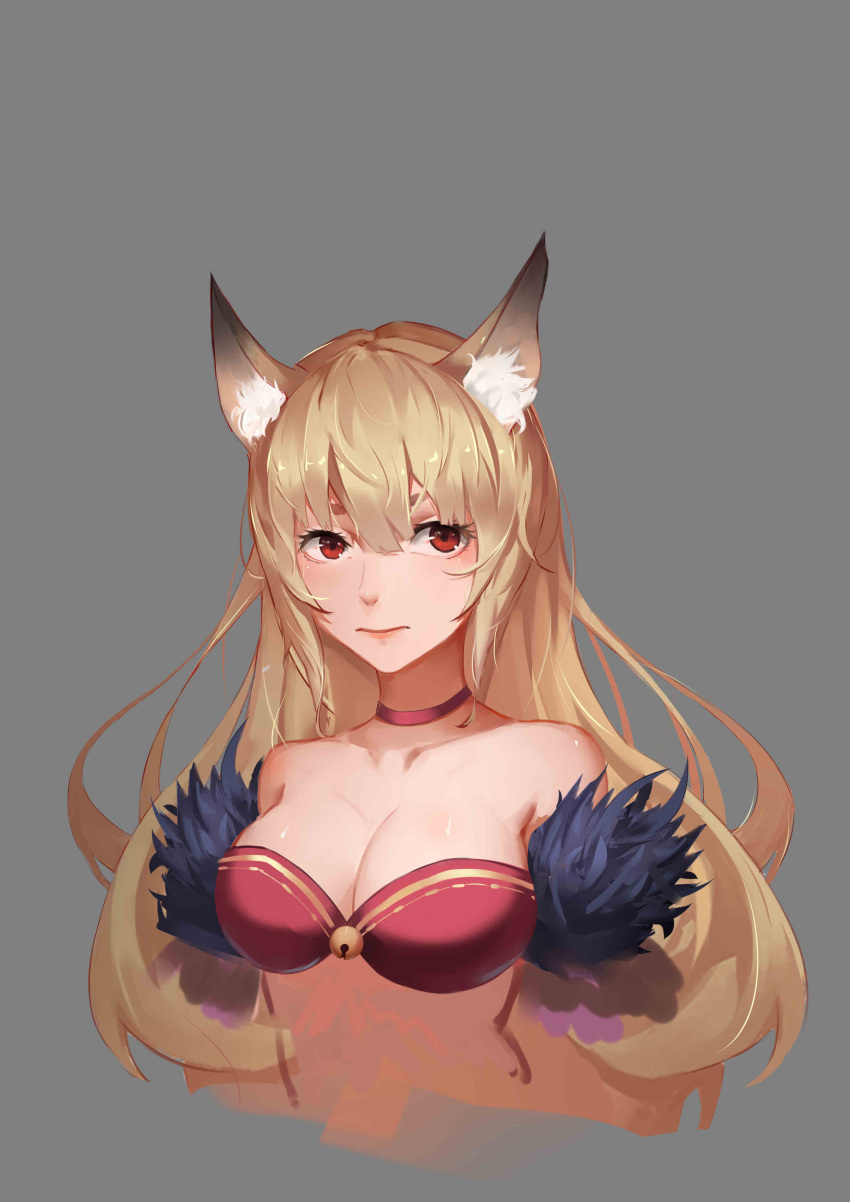 1girl, absurdres, animal_ears, bangs, bare_shoulders, bell, blonde_hair, breasts
