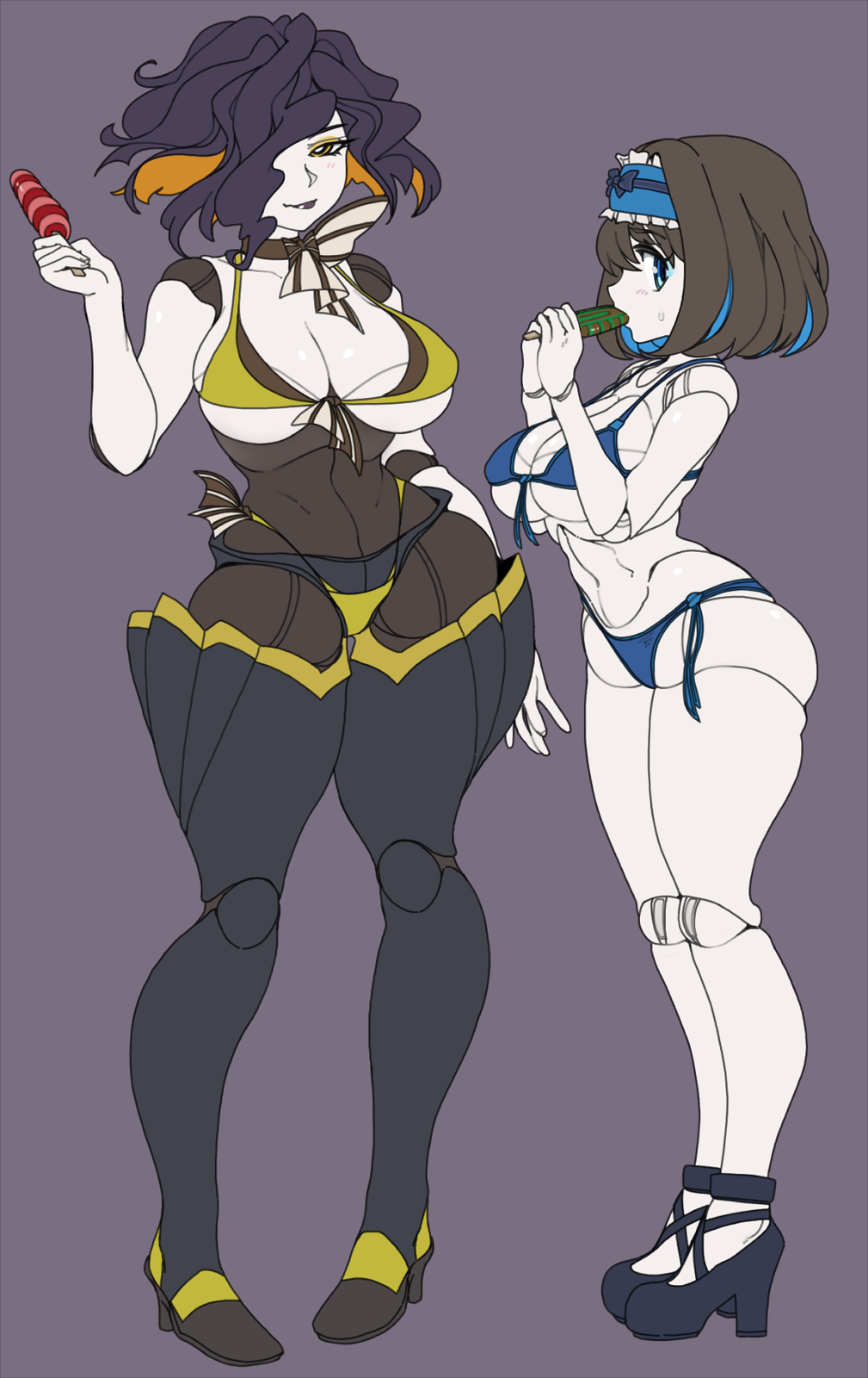 2girls, bikini, black_hair, black_lipstick, blue_bikini, blue_eyes, blue_hair, breasts, cibastion, cleavage, commentary, commission, doll_joints, eating, eyeshadow, food, garie_tuman, hair_over_one_eye, hairband, high_heels, highres, large_breasts, leiur_darahim, lipstick, long_hair, looking_at_viewer, makeup, multicolored_hair, multiple_girls, navel, orange_hair, pale_skin, popsicle, purple_background, senki_zesshou_symphogear, short_hair, side-tie_bikini, simple_background, smile, standing, swimsuit, two-tone_hair, under_boob, yellow_bikini, yellow_eyes