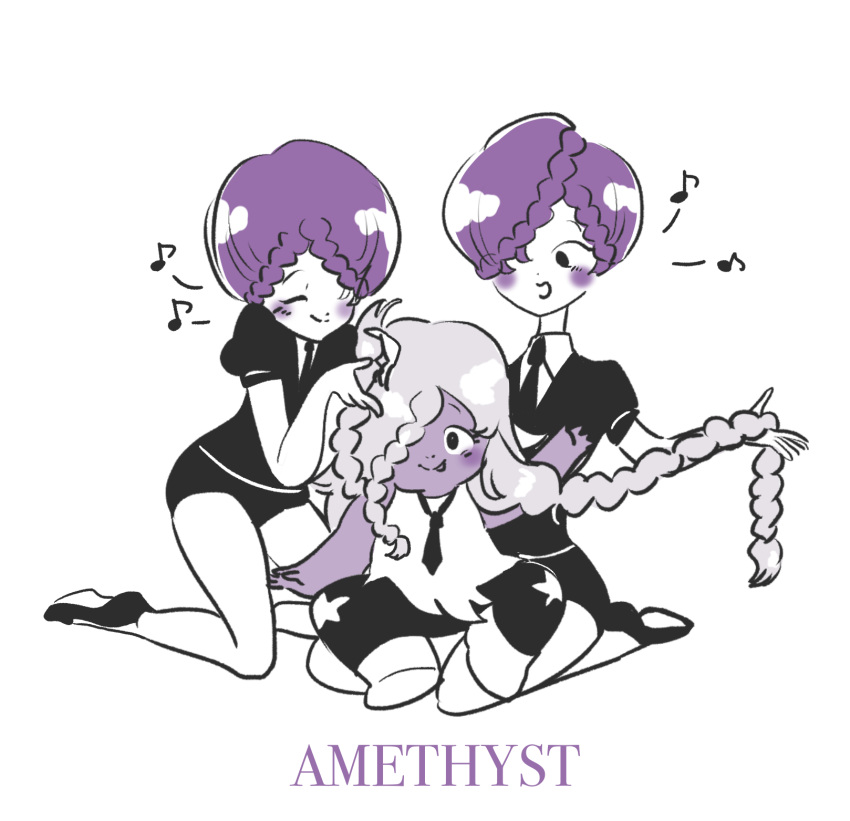 amethyst_(houseki_no_kuni), amethyst_(steven_universe), blush, braid, braiding_hair, crossover, hair_over_one_eye, hairdressing