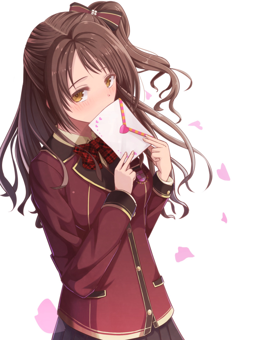 1girl, absurdres, black_bow, blush, bow, breasts, brown_eyes, brown_hair