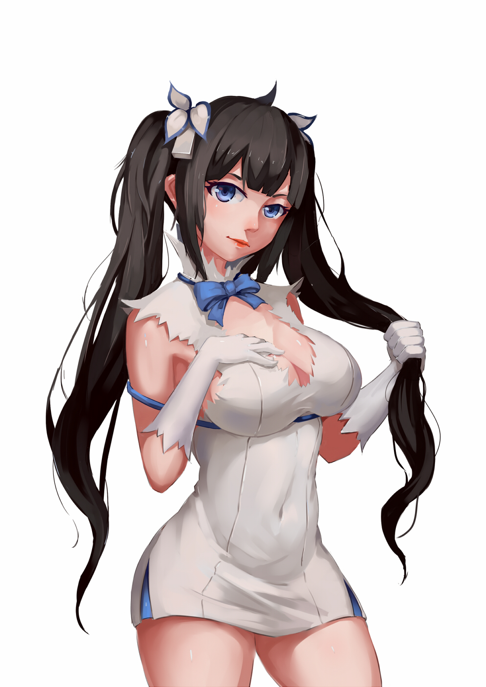 1girl, arm_ribbon, bangs, bell, black_hair, blue_bow, blue_eyes, blue_ribbon