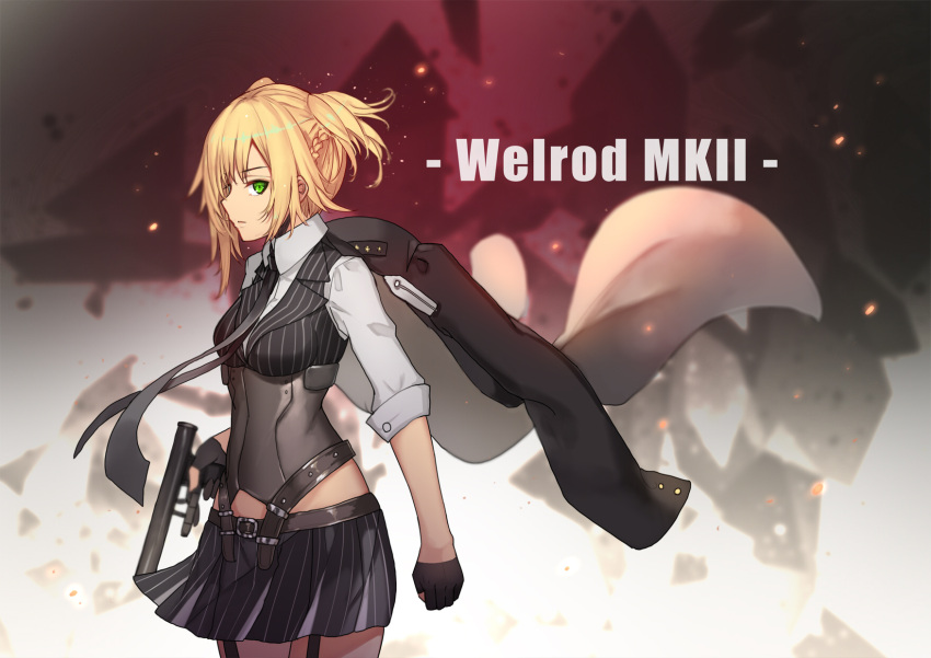 1girl, ammunition_pouch, arm_at_side, bangs, belt, black_gloves, black_neckwear, black_skirt