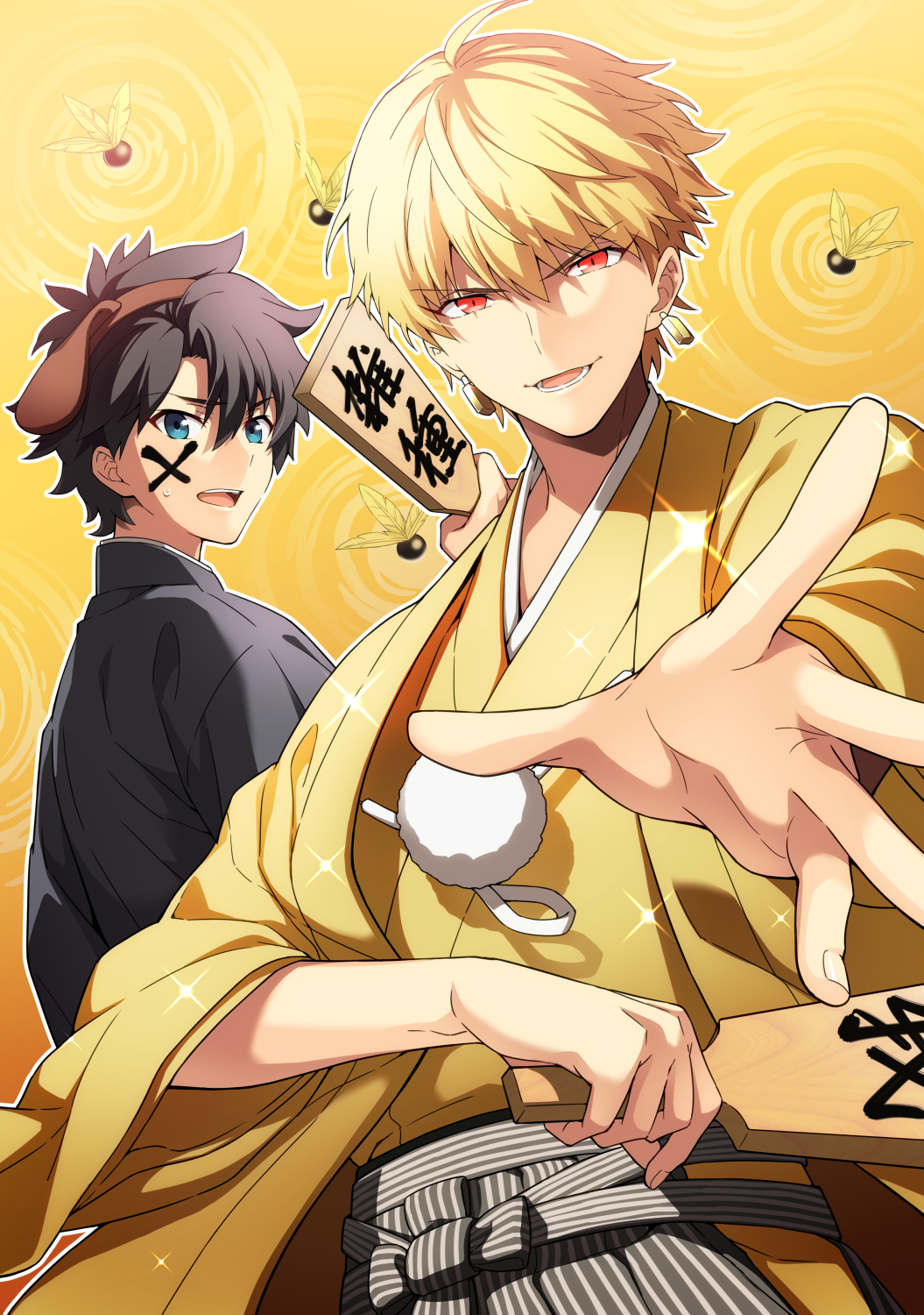 2boys, animal_ears, black_hair, black_jacket, blonde_hair, blue_eyes, commentary_request, dog_ears