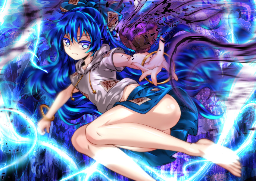 1girl, ass, bangs, bare_arms, bare_legs, barefoot, blue_bow, blue_eyes