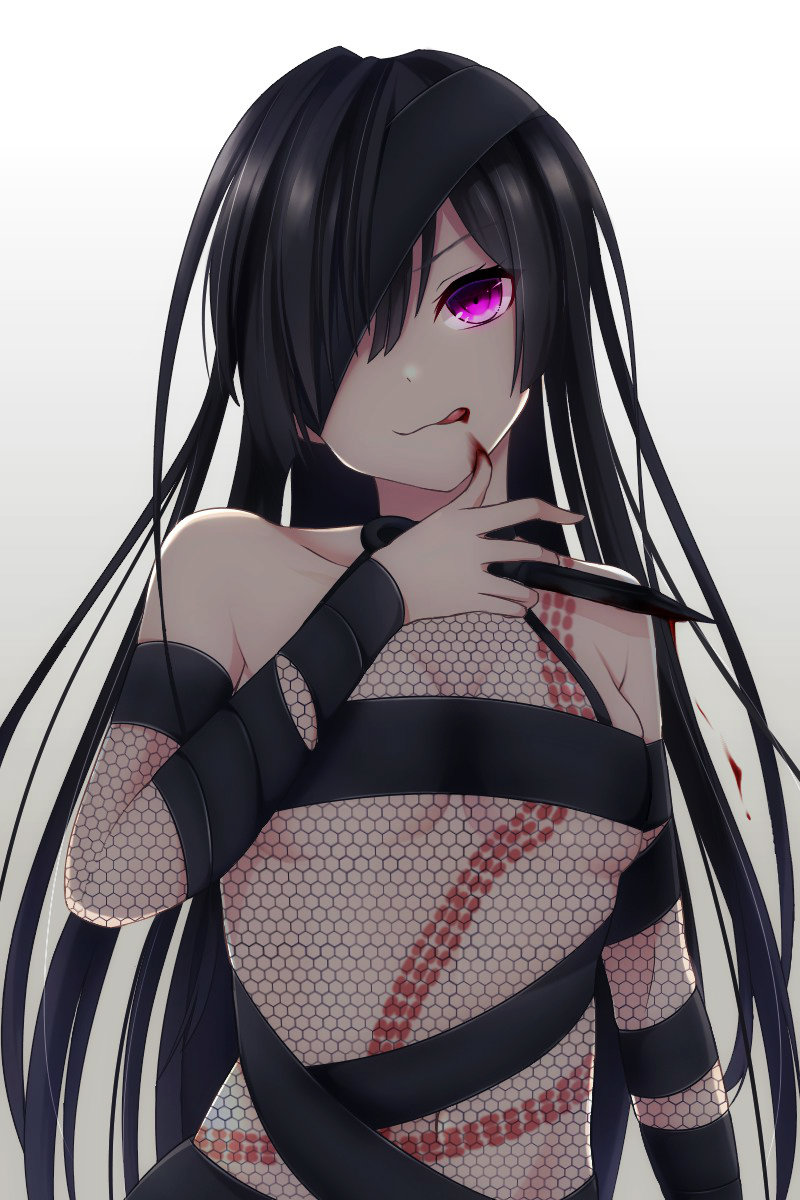 1girl, black_hair, blood, breasts, eyepatch, fate/grand_order, fate_(series), fishnets