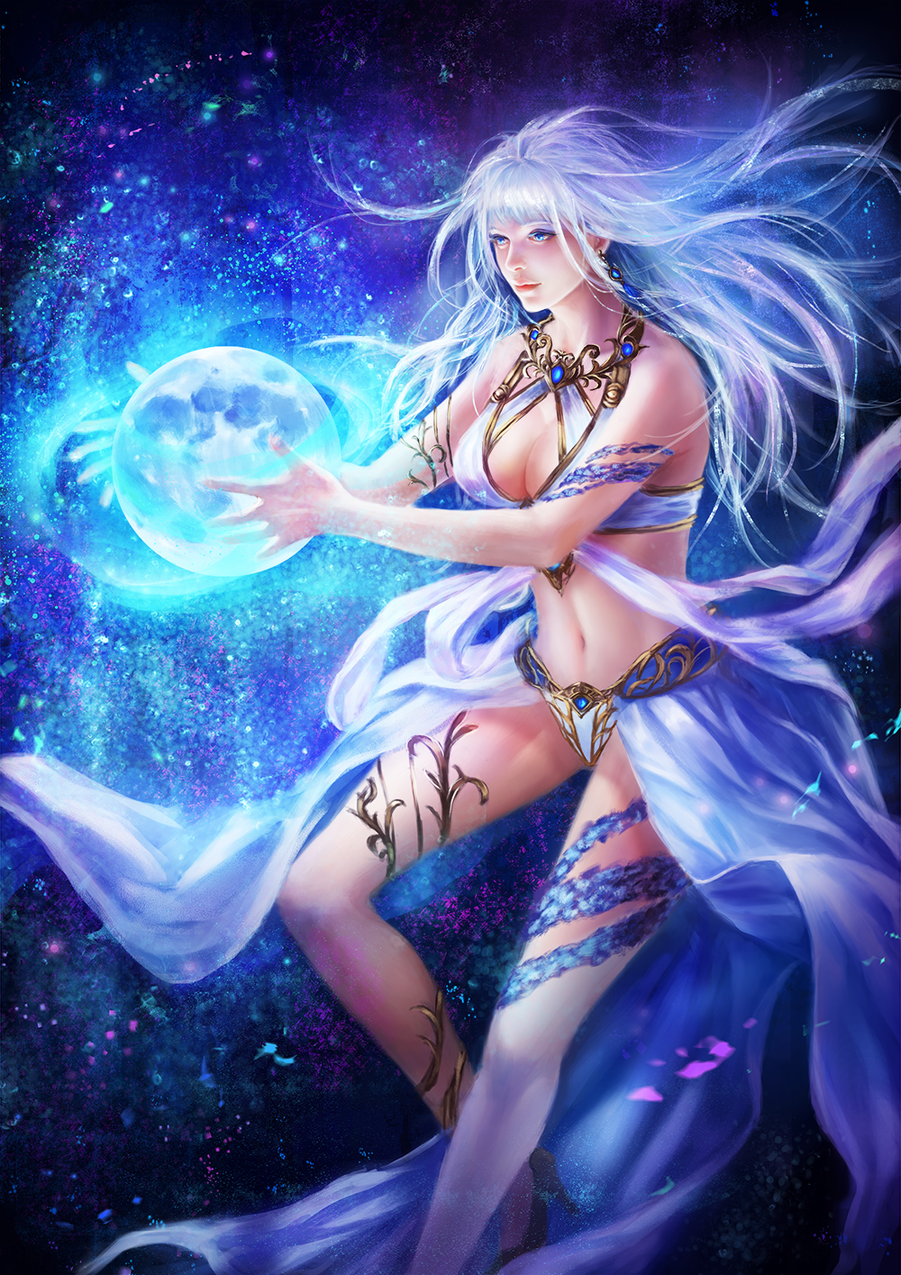 1girl, blue_eyes, breasts, crystal, earrings, grey_hair, highres, jewelry