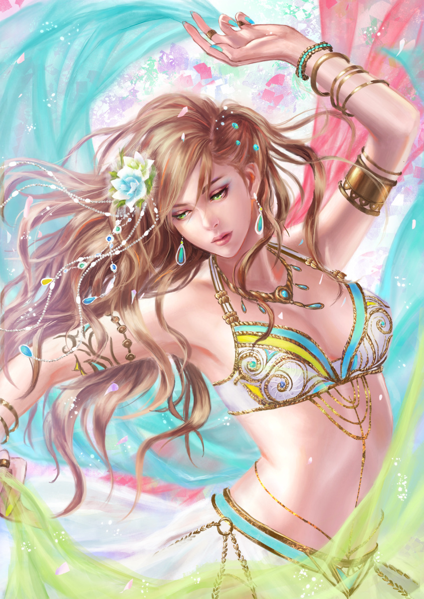 1girl, arm_up, armlet, bangle, bracelet, brown_hair, cowboy_shot, dancing, earrings, flower, green_eyes, hair_flower, hair_ornament, highres, jewelry, looking_down, midriff, muxia_yue_nai, necklace, original, parted_lips, ring