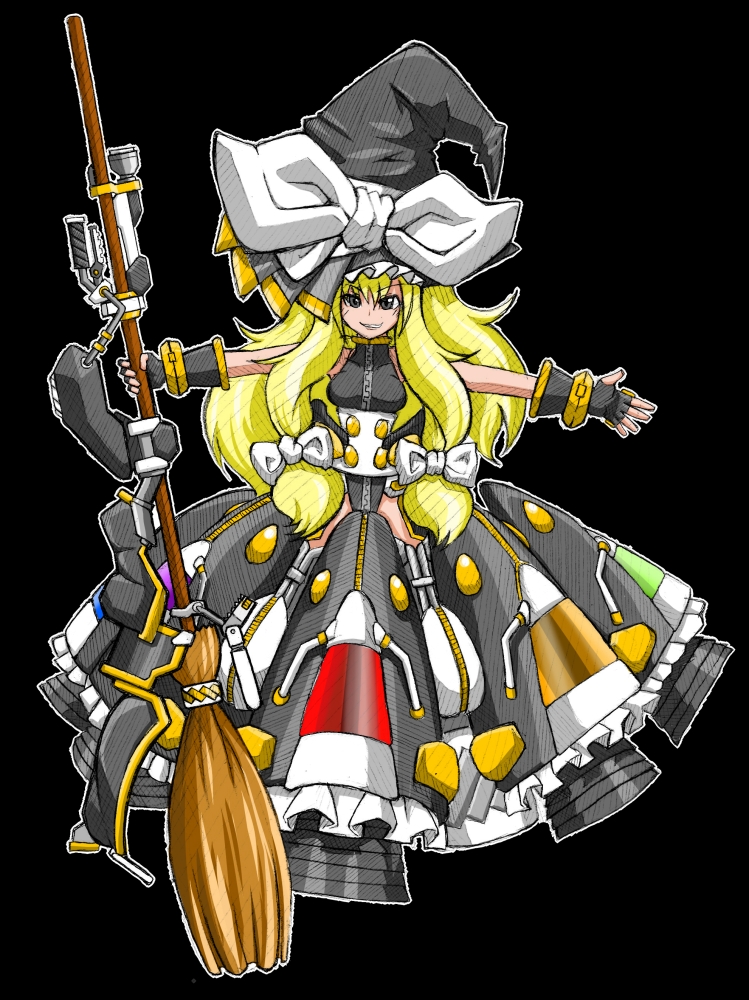 1girl, blonde_hair, graphite_(medium), hat, kirisame_marisa, mechanical_broom, mechanical_pencil, pencil