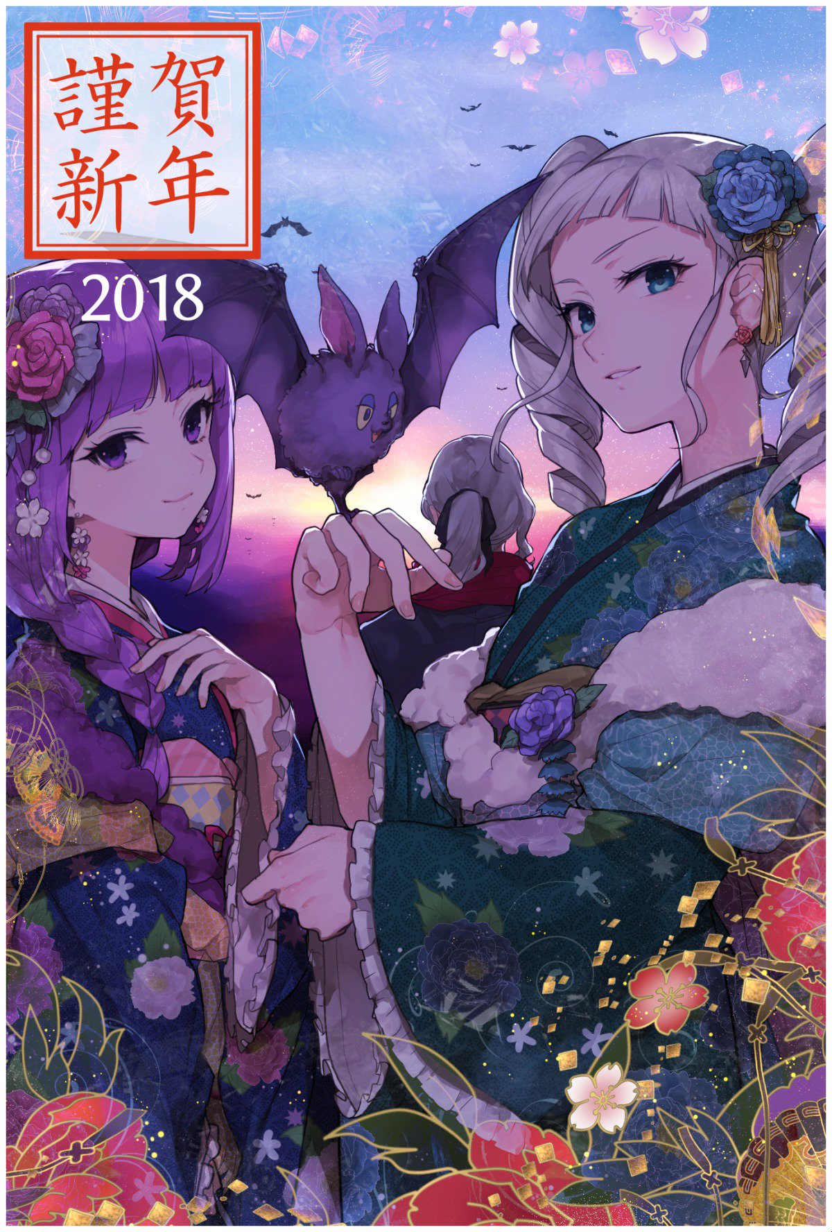 1boy, 2018, 2girls, aikatsu!, alan_(aikatsu!), alternate_hairstyle, animal, aqua_eyes, bangs, bat, blunt_bangs, braid, commentary_request, drill_hair, earrings, flower, flower_earrings, hair_flower, hair_ornament, hair_ribbon, happy_new_year, highres, hikami_sumire, hitoto, japanese_clothes, jewelry, kimono, long_hair, looking_at_viewer, multiple_girls, nail_polish, new_year, open_mouth, ponytail, purple_hair, ribbon, silver_hair, smile, teeth, toudou_yurika, translated, twin_drills, twintails, violet_eyes, yumekouji_maya