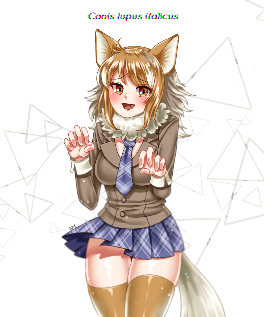 1girl, animal_ears, blush, brown_hair, fang, highres, italian_wolf_(kemono_friends), kemono_friends, long_hair, miniskirt, multicolored_hair, necktie, open_mouth, orange_eyes, pleated_skirt, scientific_name, simple_background, skirt, solo, tail, thigh-highs, two-tone_hair, upper_body, white_background, white_hair, wolf_ears, wolf_tail