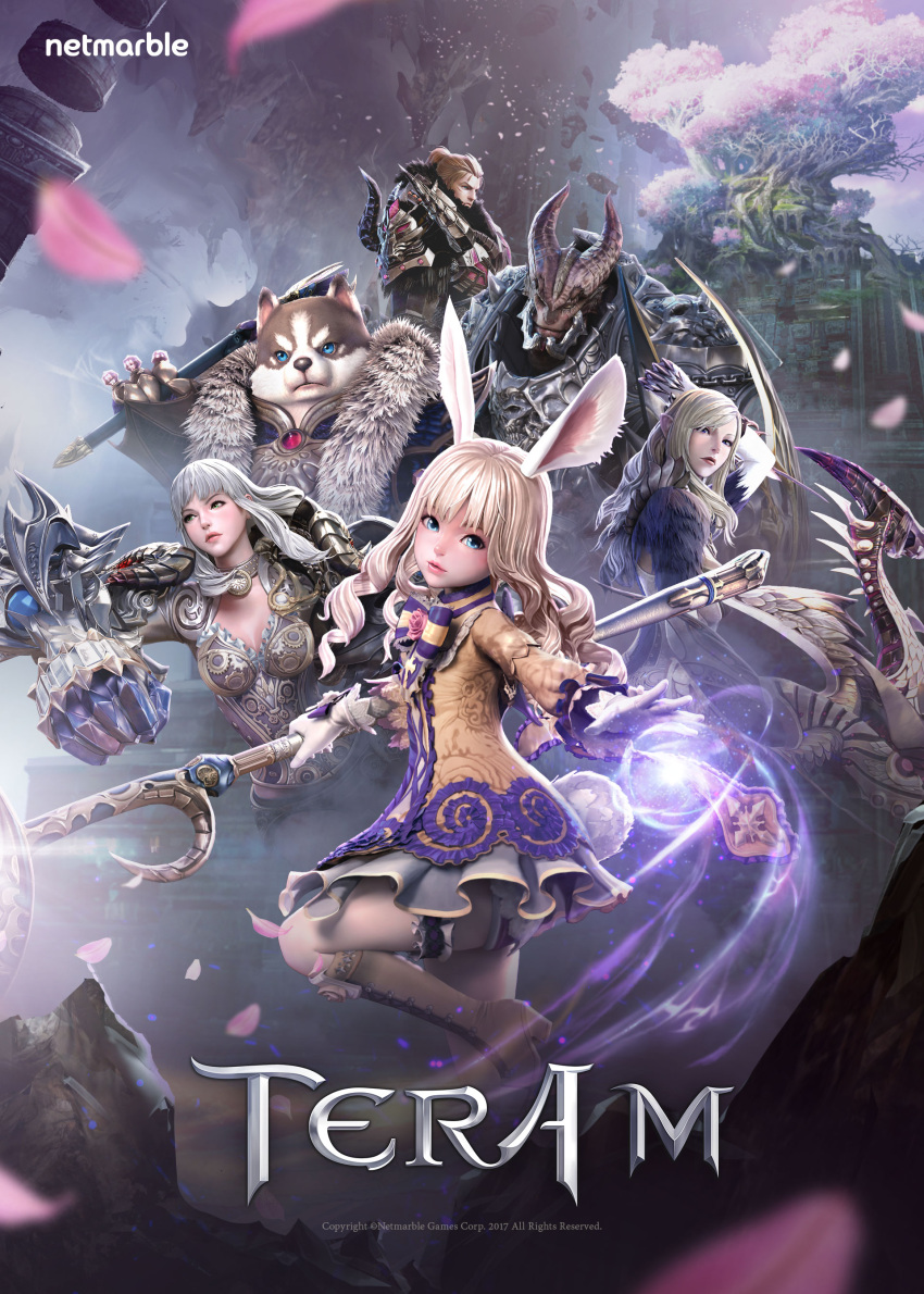 3boys, 3girls, absurdres, animal_ears, armor, artist_request, baraka, blonde_hair