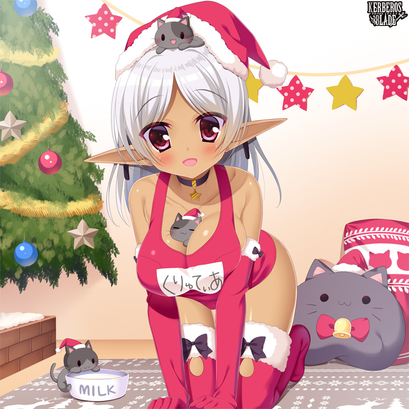 1girl, :3, :d, =_=, all_fours, alternate_color_school_swimsuit, animal, animal_between_breasts