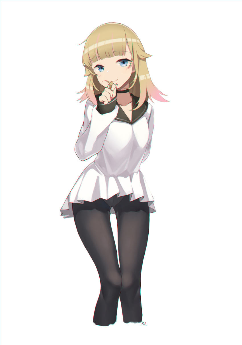 1girl, black_choker, black_legwear, blonde_hair, blue_eyes, haapi_jang_p, highres, looking_at_viewer