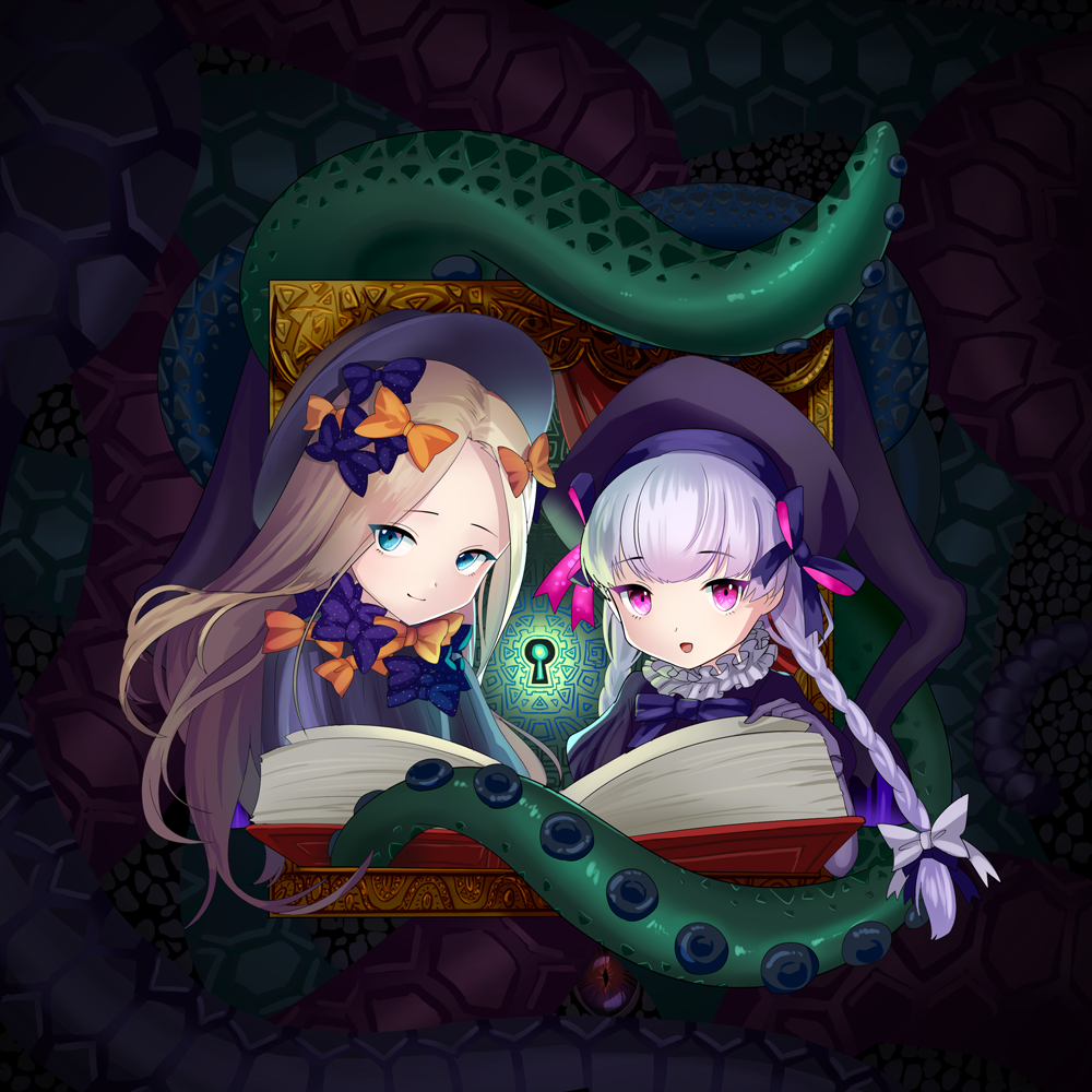 2girls, :d, abigail_williams_(fate/grand_order), bangs, beret, black_dress, black_hat, blue_eyes