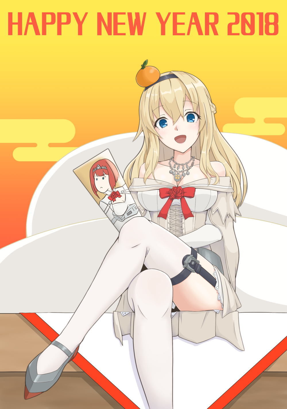 1girl, 2018, ark_royal_(kantai_collection), blonde_hair, blue_eyes, braid, dress, flower