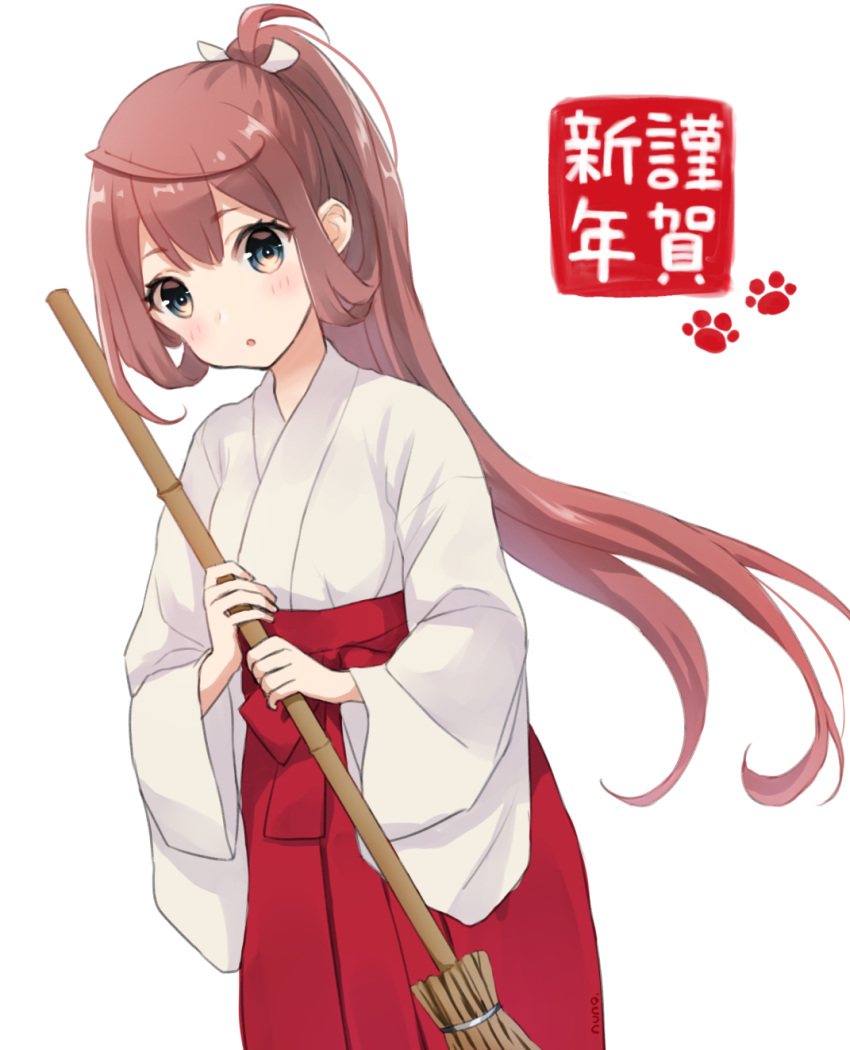 1girl, :o, alternate_hairstyle, asagumo_(kantai_collection), bamboo_broom, bangs, blue_eyes, blush