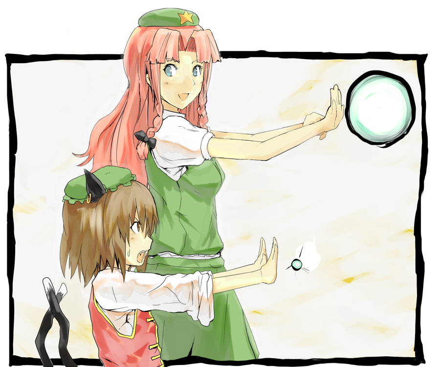 animal_ears, blue_eyes, braid, brown_hair, cat_ears, cat_tail, chen, earrings, energy, hat, hong_meiling, jewelry, long_hair, multiple_girls, red_hair, redhead, sergei_(artist), serugei, short_hair, tail, teaching, touhou, training, twin_braids