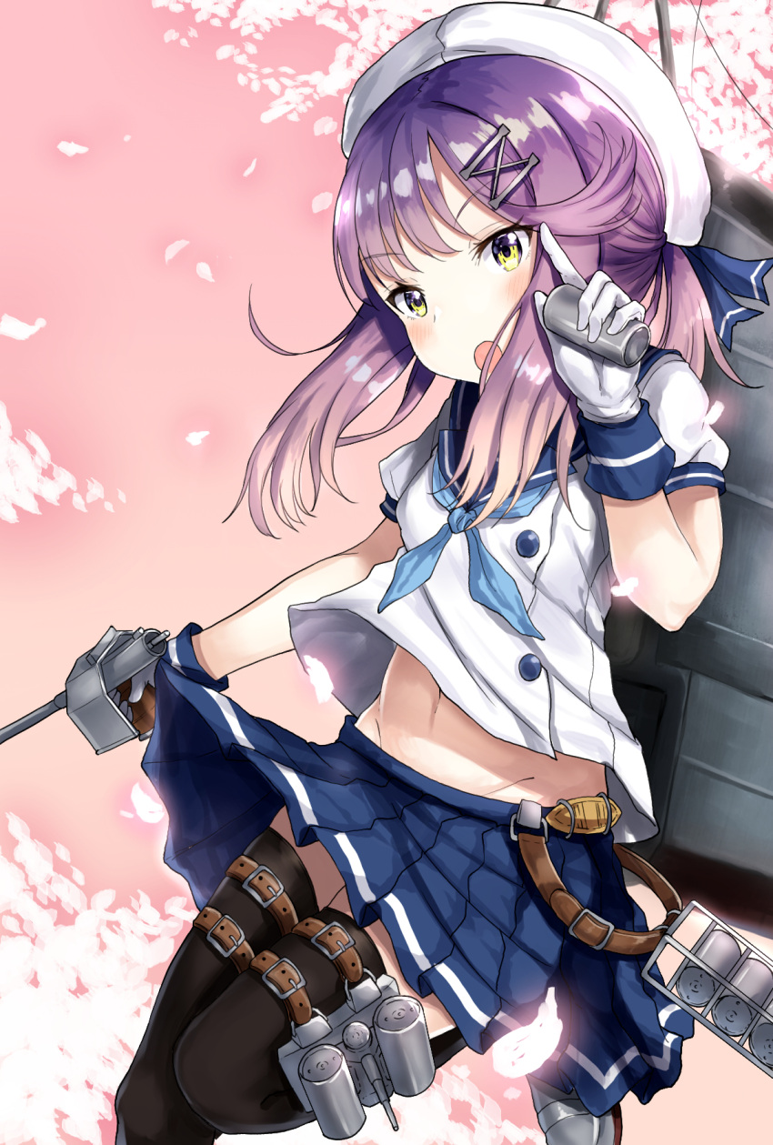 1girl, belt, beret, black_legwear, blush, cherry_blossoms, depth_charge, gun