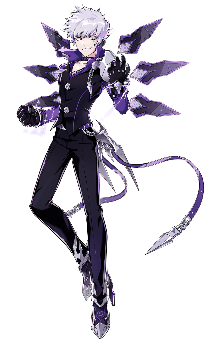 1boy, add_(elsword), black_gloves, black_pants, black_shirt, choker, clenched_hand, elsword, full_body, gloves, grin, highres, hwansang, looking_at_viewer, lunatic_psyker_(elsword), male_focus, messy_hair, official_art, pants, popped_collar, shirt, shoes, silver_hair, smile, solo, violet_eyes