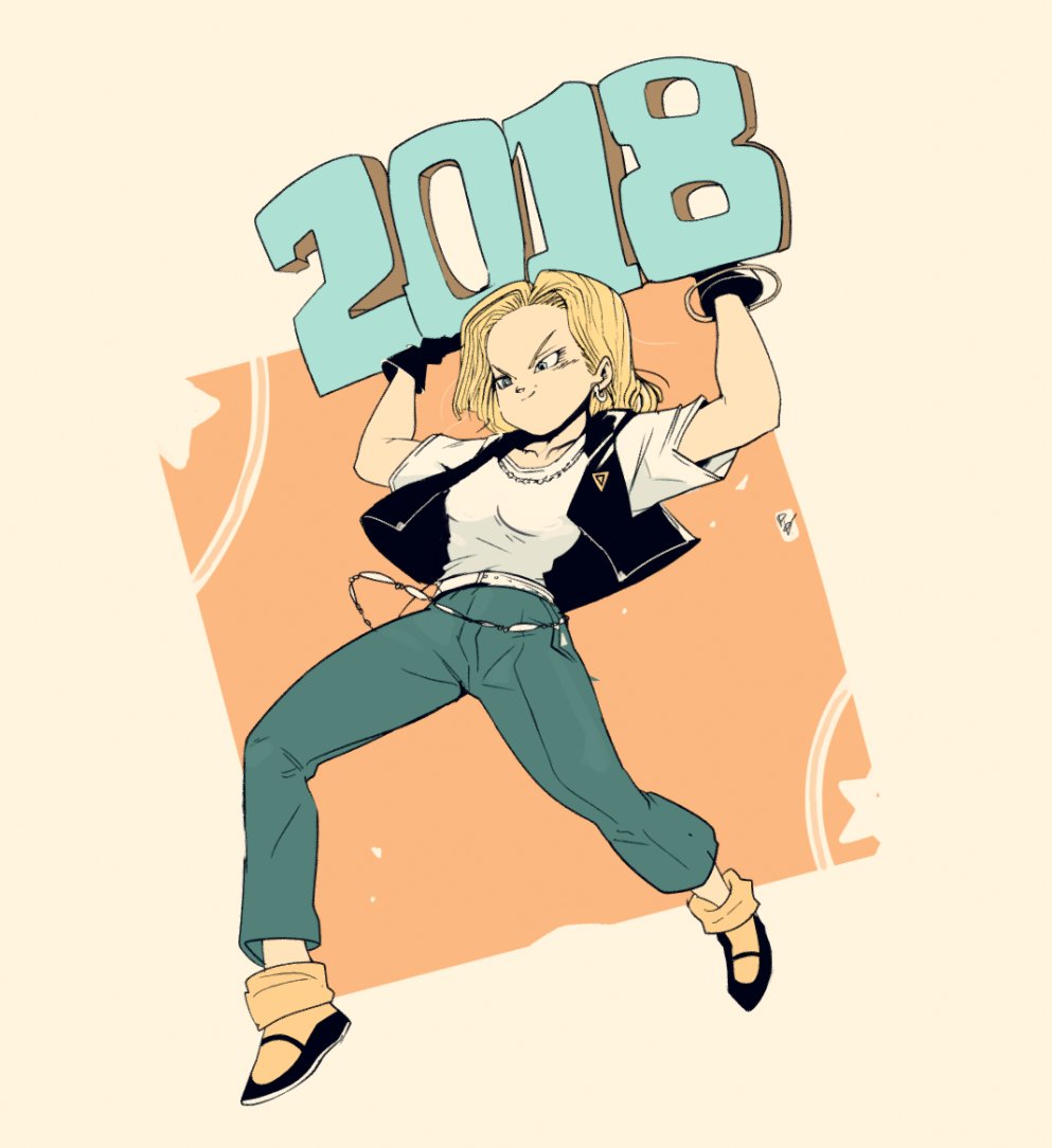 2018, android_18, blonde_hair, blue_eyes, cyborg, denim, dragon_ball, dragonball_z