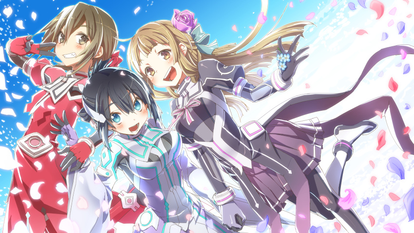 3girls, bangs, black_hair, blonde_hair, blue_eyes, blue_sky, blunt_bangs, blush
