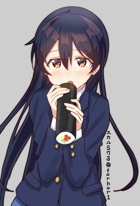 1girl, bangs, blue_hair, blush, commentary_request, eating, food, hair_between_eyes
