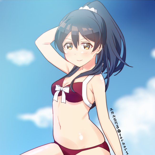 1girl, alternate_hairstyle, arm_up, bangs, bikini, blue_hair, blush, breasts