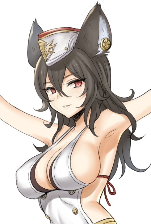 1girl, animal_ears, armpits, arms_up, bare_shoulders, black_hair, blush, breasts