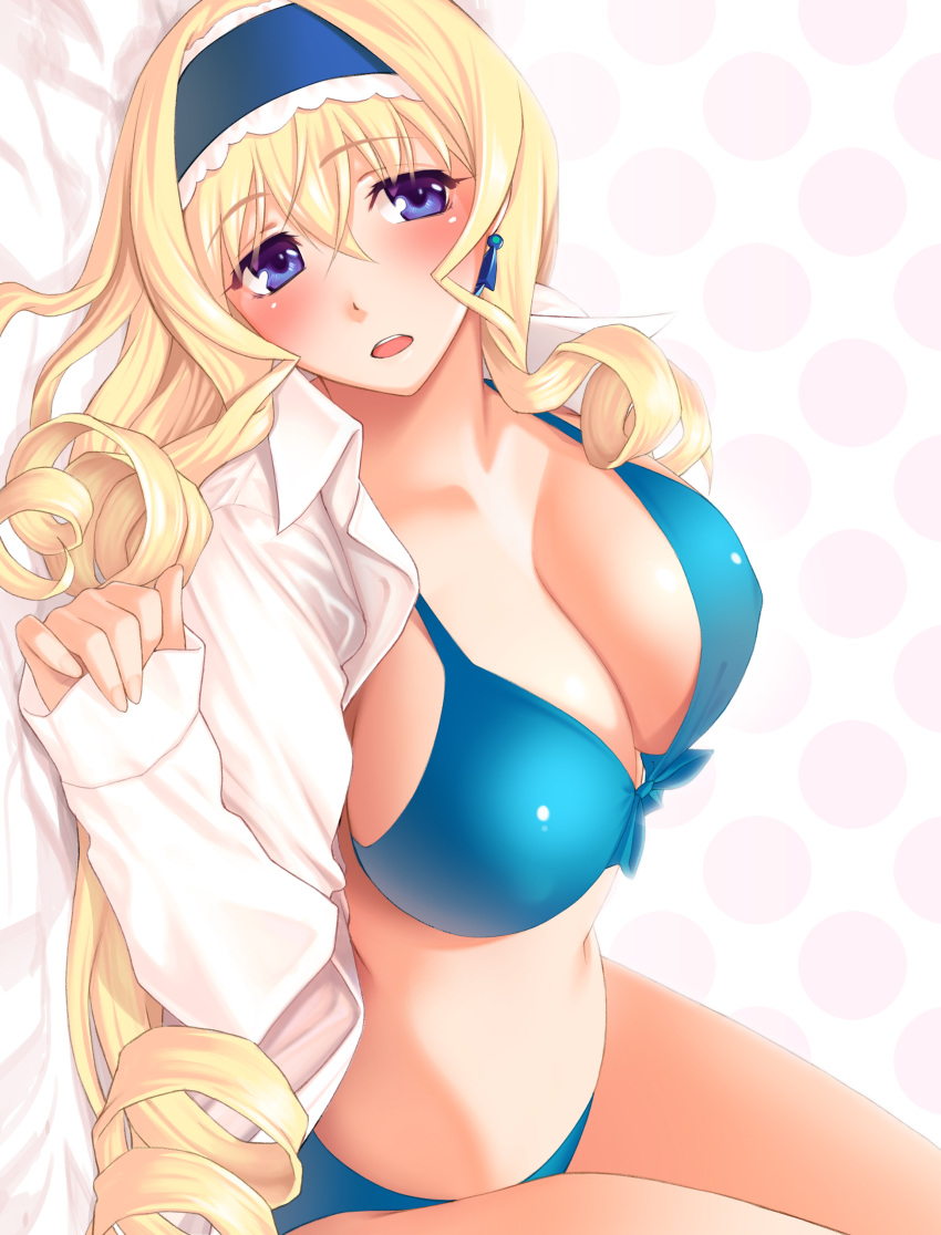 1girl, absurdres, bikini, blonde_hair, blue_bikini, blue_eyes, blush, breasts, cecilia_alcott, cleavage, denson, drill_hair, headband, highres, infinite_stratos, large_breasts, long_sleeves, lying, open_clothes, open_shirt, shirt, swimsuit