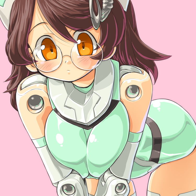 blush, breast_squeeze, breasts, bright_feather, brightfeather, brown_eyes, brown_hair, busou_shinki
