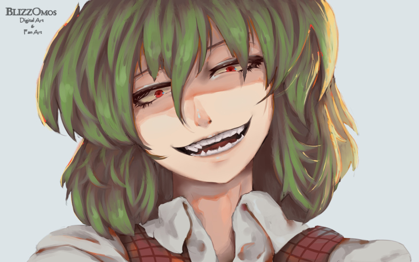 1girl, artist_name, bangs, blizzomos, collared_shirt, evil_smile, eyelashes, face