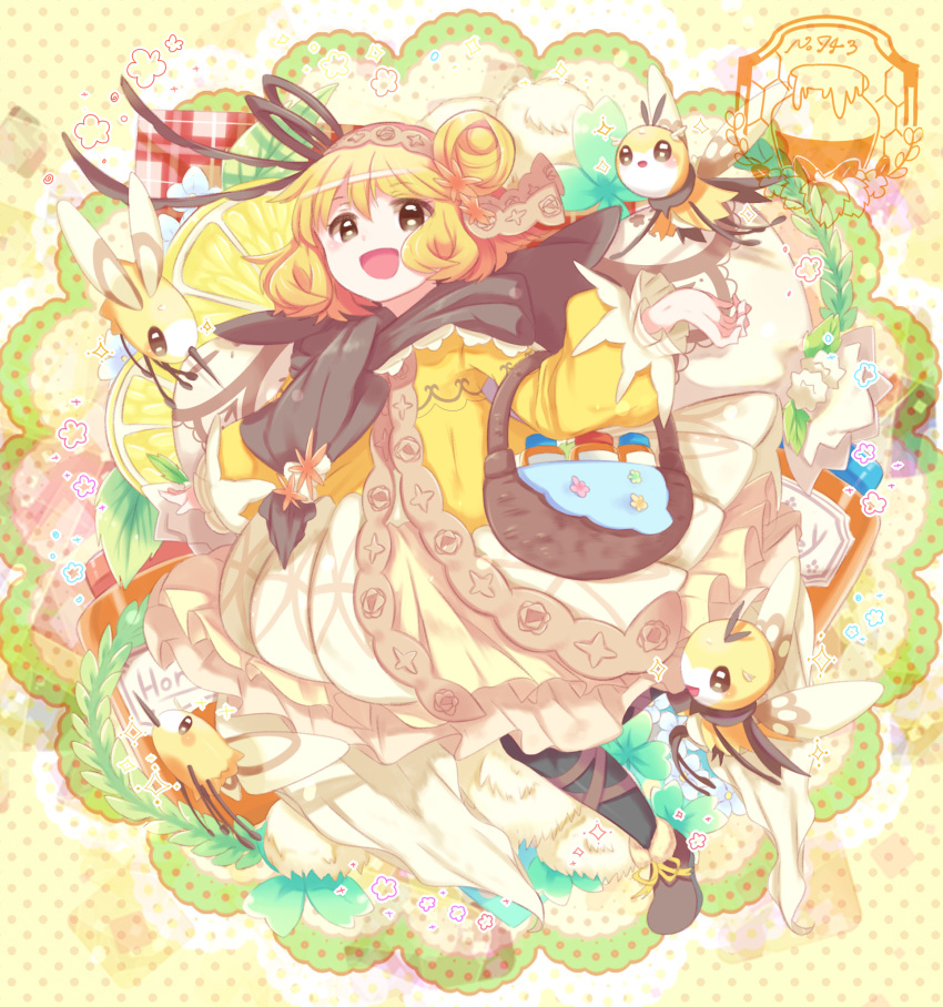 1girl, :d, basket, black_legwear, black_scarf, blonde_hair, brown_eyes, cutiefly