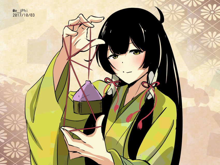 1girl, black_hair, dated, hair_tubes, hand_up, japanese_clothes, kantai_collection, kimono
