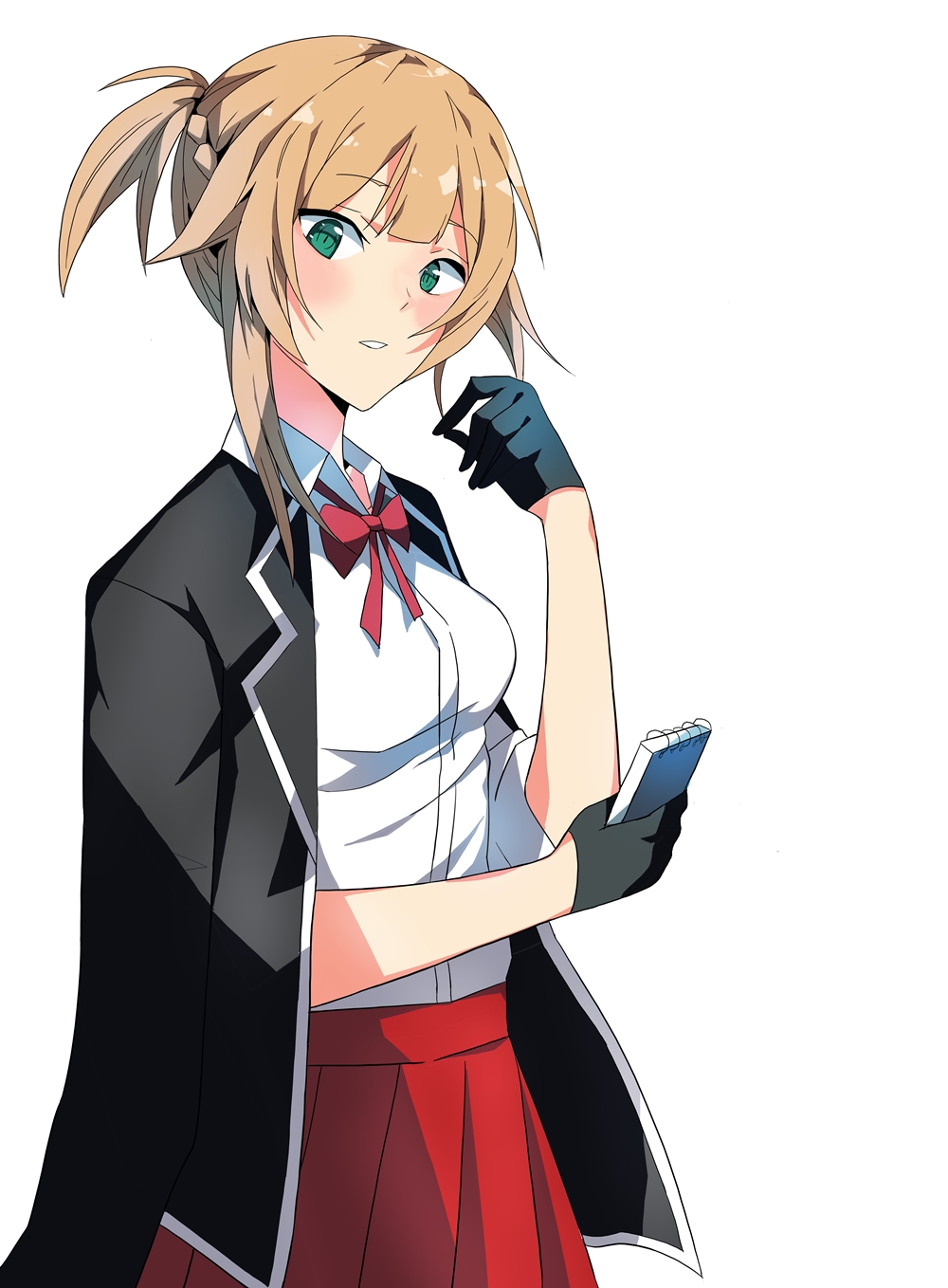 1girl, alternate_costume, bangs, black_blazer, blazer_on_shoulders, blonde_hair, blush, bow, braid, breasts, buttons, collarbone, collared_shirt, eyebrows_visible_through_hair, eyes_visible_through_hair, girls_frontline, gloves, green_eyes, hair_between_eyes, half_gloves, hand_up, highres, holding_notepad, looking_at_viewer, medium_breasts, open_clothes, parted_lips, pleated_skirt, red_bow, red_neckwear, red_ribbon, red_skirt, ribbon, shirt, short_hair, short_twintails, sidelocks, simple_background, skirt, smile, solo, twintails, ururu, welrod_mk2_(girls_frontline), white_background, white_shirt