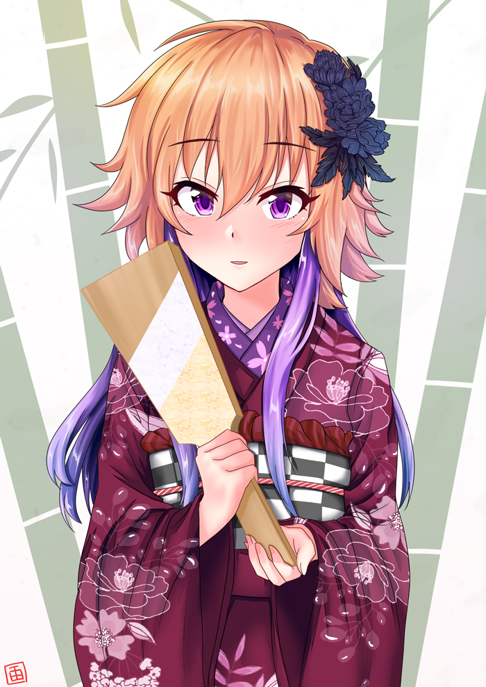1girl, bamboo, bangs, blush, checkered, eyebrows_visible_through_hair, floral_print, flower