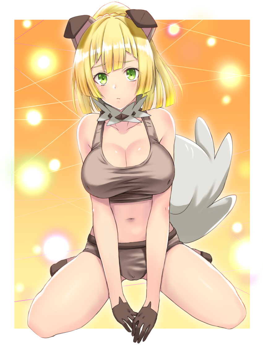 1girl, alternate_breast_size, animal_ears, blonde_hair, breasts, cleavage, cosplay, dog_ears, dog_tail, green_eyes, highres, lillie_(pokemon), long_hair, pokemon, pokemon_(game), pokemon_sm, ponytail, rockruff, rockruff_(cosplay), solo, tail, takecha