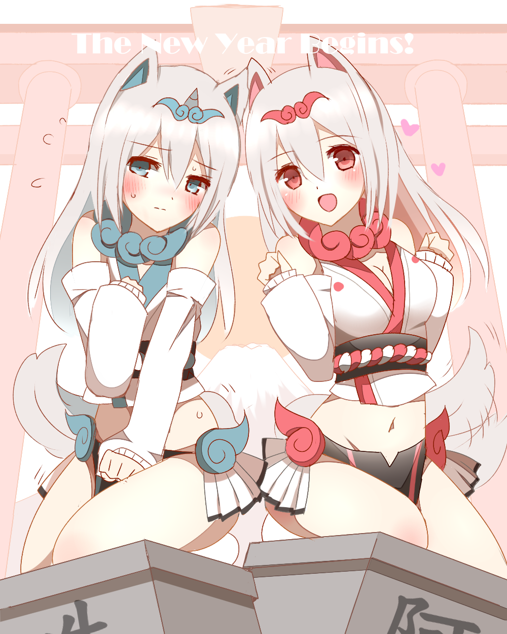 2girls, :d, afterimage, animal_ears, bangs, bare_shoulders, blue_eyes, blush