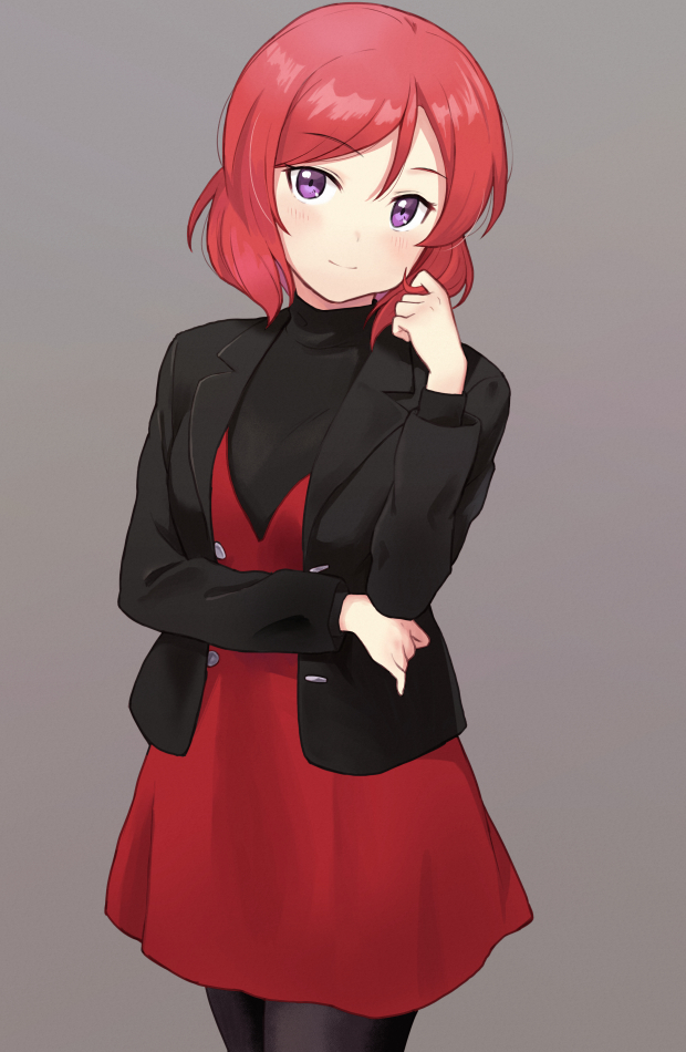 1girl, bangs, black_jacket, black_legwear, blush, brown_background, casual, cowboy_shot