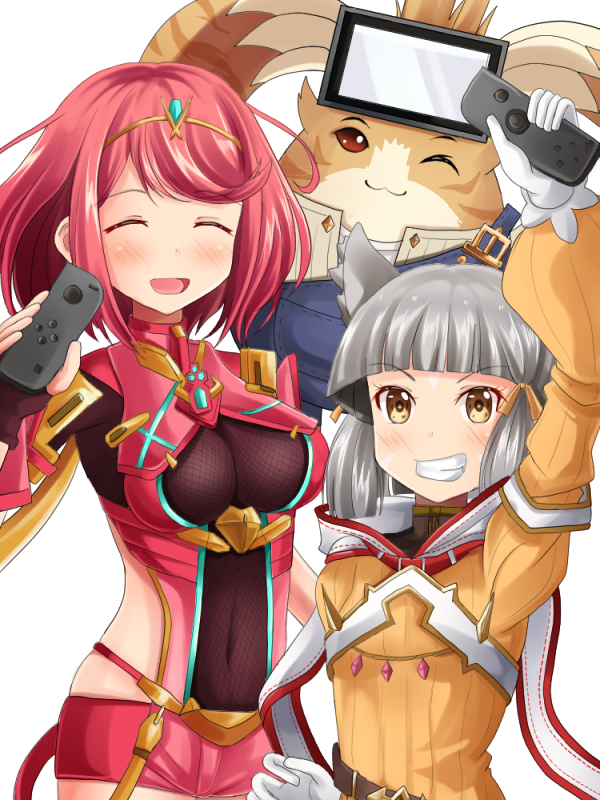 1boy, 2girls, animal_ears, armor, bangs, blunt_bangs, bodysuit, cat_ears