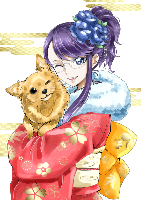 1girl, :d, alternate_hairstyle, animal, dog, floral_print, flower, fur_trim