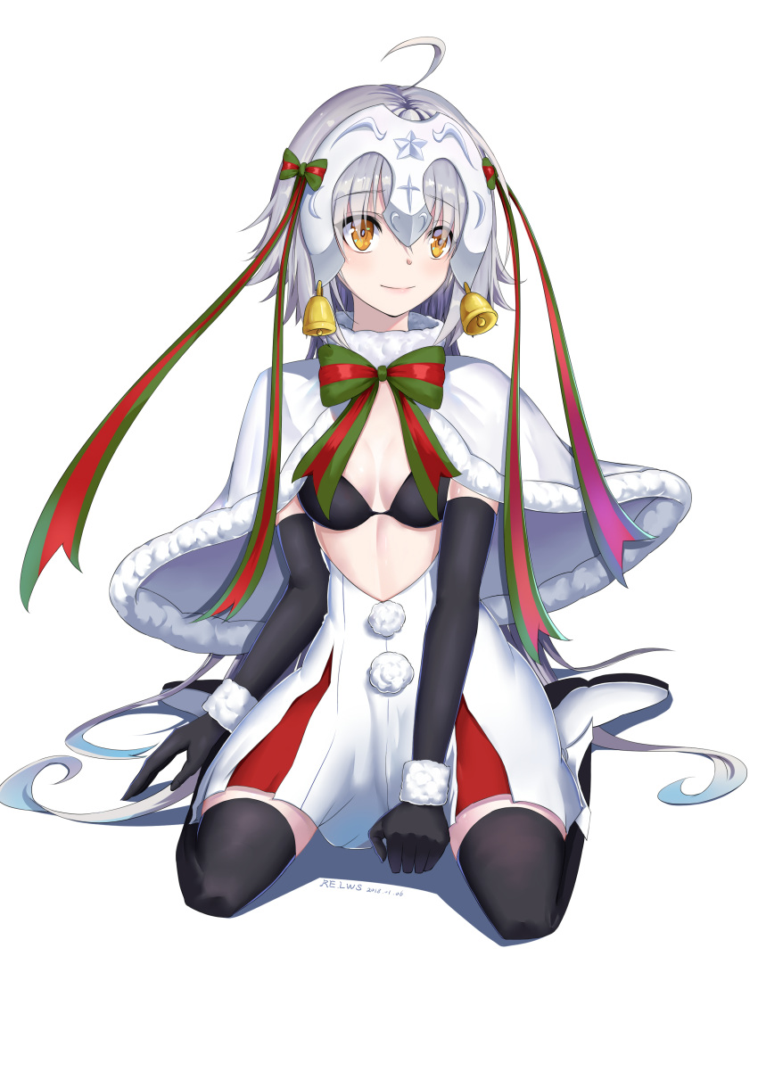 absurdres, ahoge, bell, black_gloves, black_legwear, breasts, brown_eyes, capelet