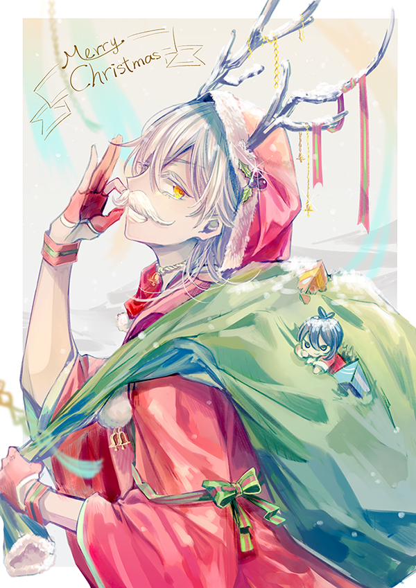 2boys, antlers, bow, chibi, christmas, fake_mustache, gloves, grin