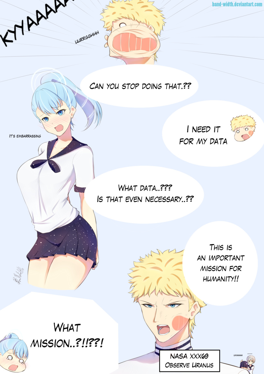 1boy, 3girls, absurdres, band-width, bangs, blonde_hair, blue_eyes, blue_hair